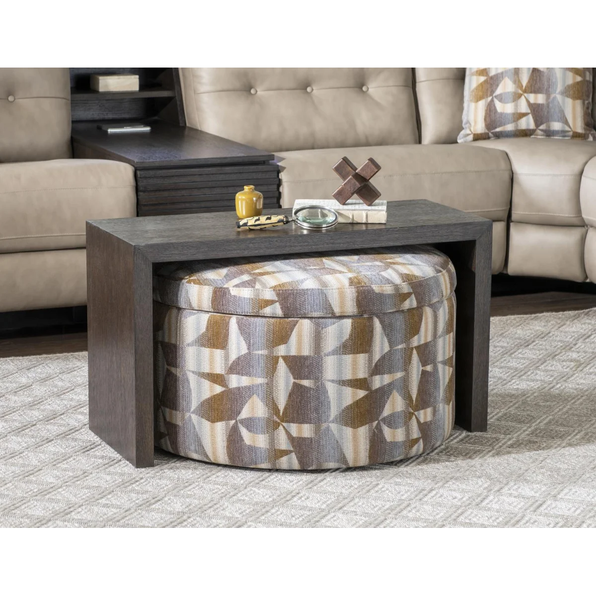 30″ Round Castered Ottoman With Wood Tray Overlay – Shown In Fossil Ottomans & Poufs Brown 4