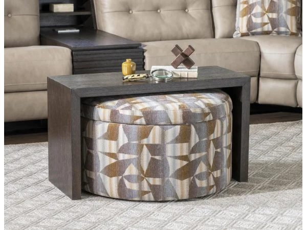 30″ Round Castered Ottoman With Wood Tray Overlay – Shown In Fossil Ottomans & Poufs Brown