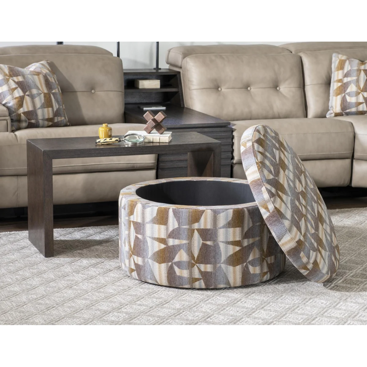 30″ Round Castered Ottoman With Wood Tray Overlay – Shown In Fossil Ottomans & Poufs Brown 6