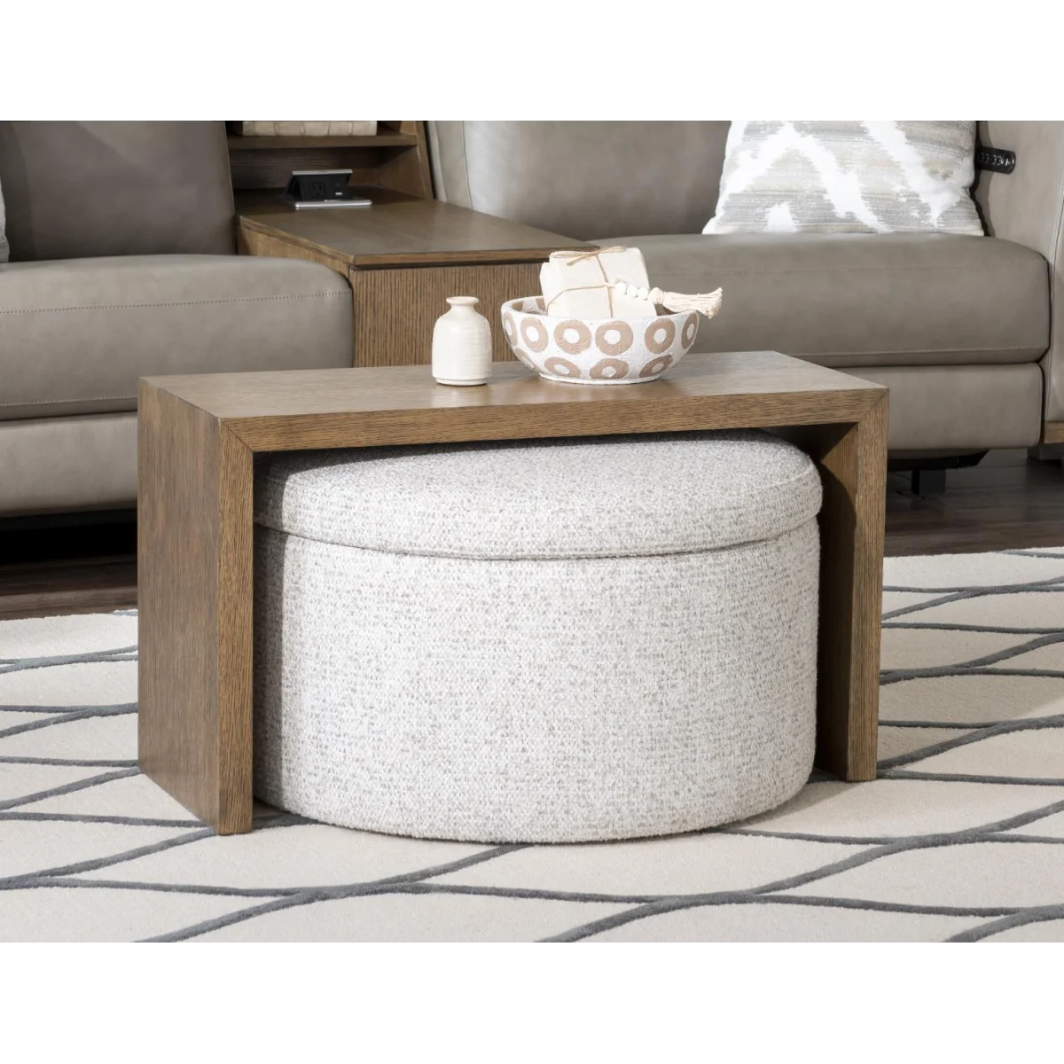 30″ Round Castered Ottoman W/wood Tray Overlay – Shown In Sweater Weather Ottomans & Poufs Brown 4
