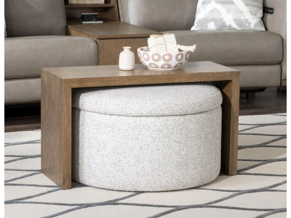 30″ Round Castered Ottoman W/wood Tray Overlay – Shown In Sweater Weather Ottomans & Poufs Brown