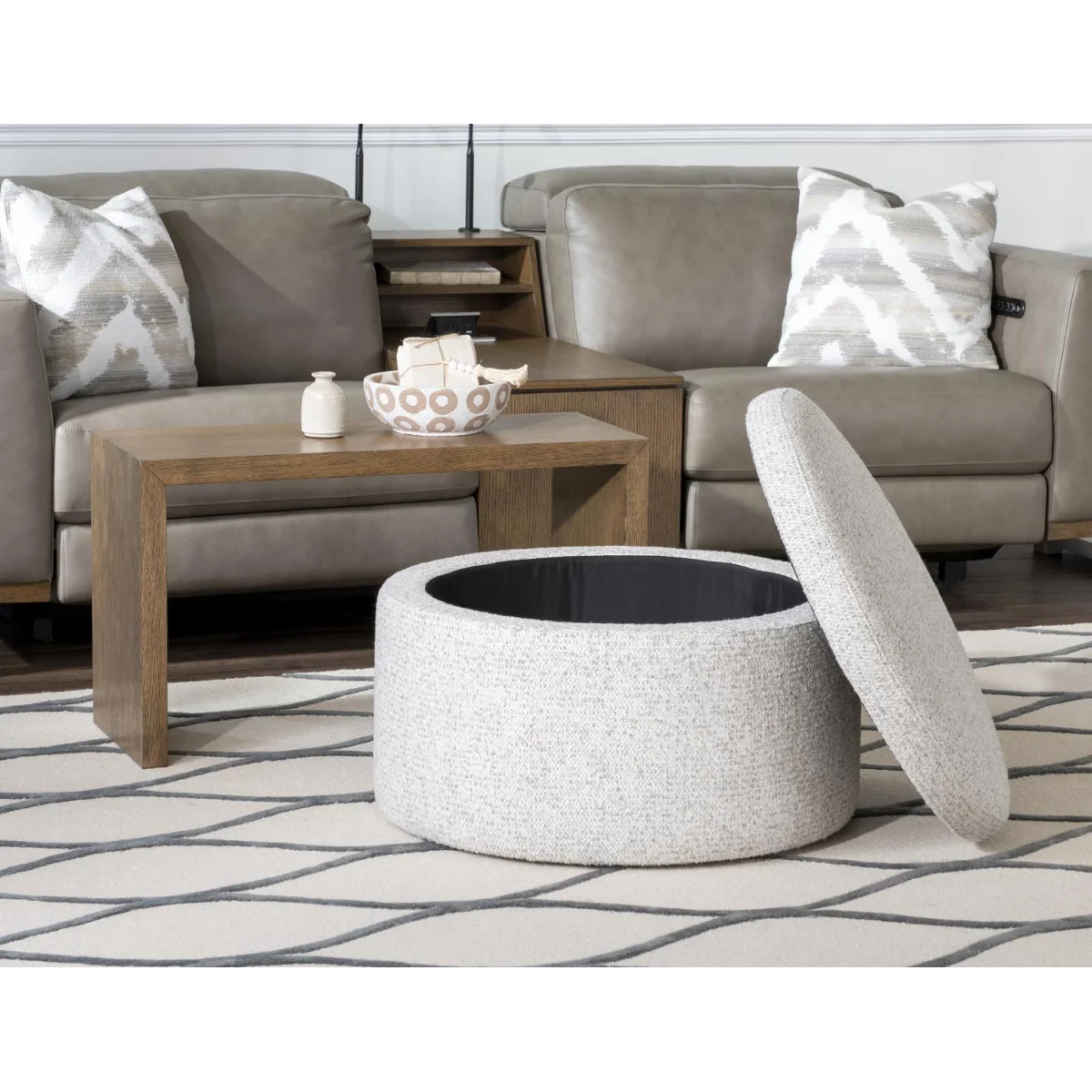 30″ Round Castered Ottoman W/wood Tray Overlay – Shown In Sweater Weather Ottomans & Poufs Brown 6