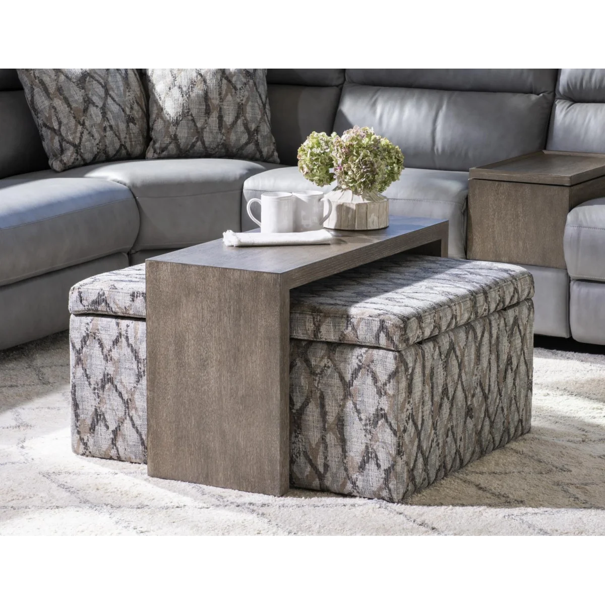 Square Storage Ottoman W/wood Top Overlay – Shown In Twilight Ottomans & Poufs Brown 4