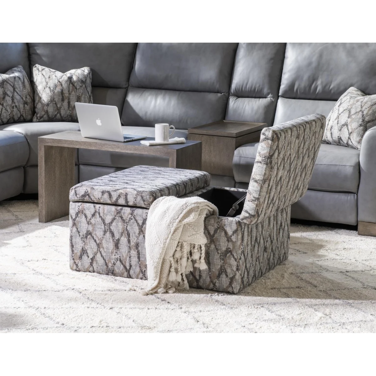 Square Storage Ottoman W/wood Top Overlay – Shown In Twilight Ottomans & Poufs Brown 6