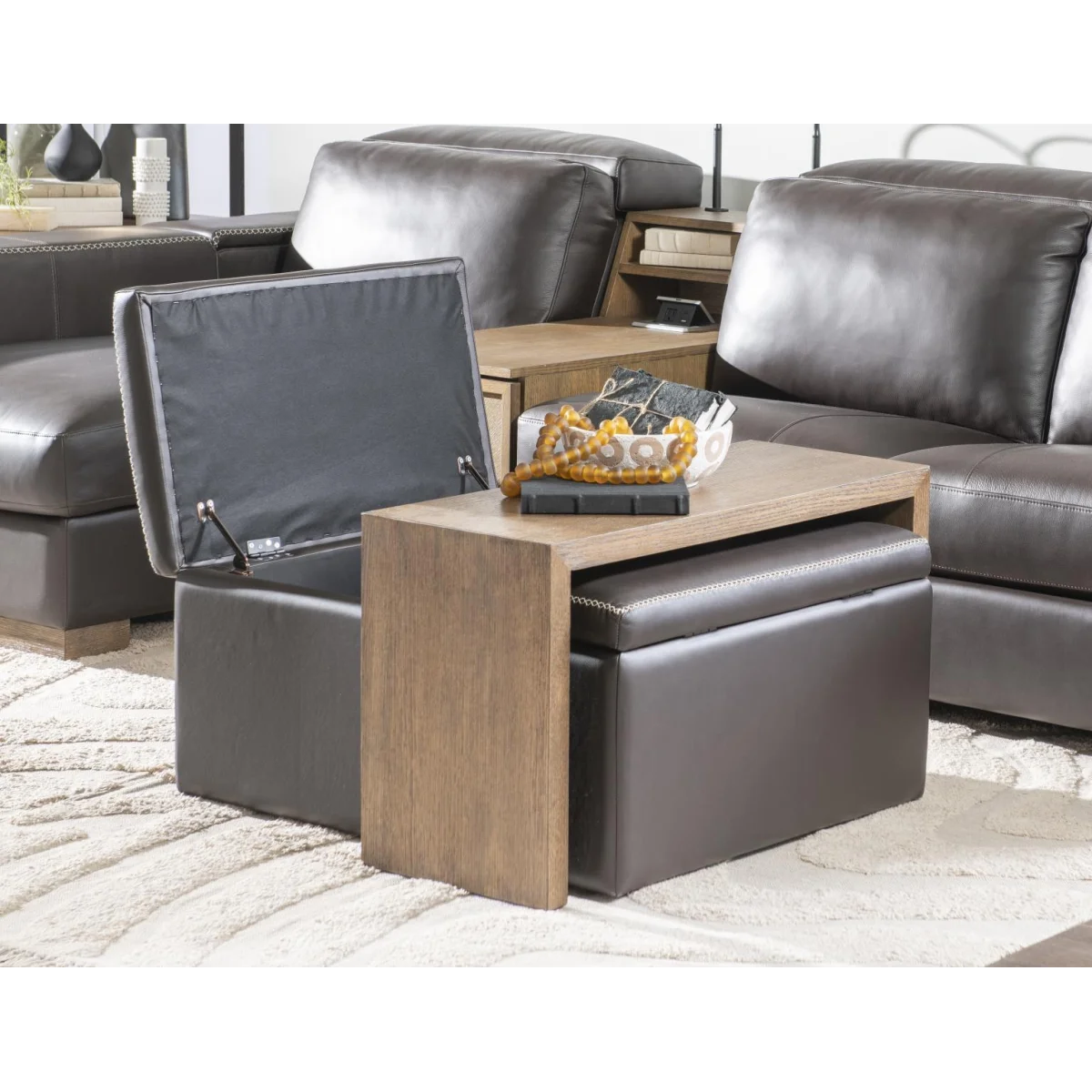 Square Storage Ottoman With Wood Top Overlay Ottomans & Poufs Brown 6