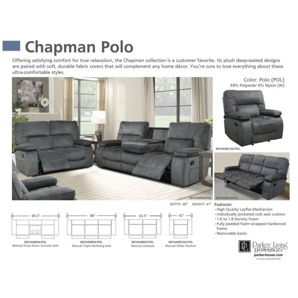 Chapman – Polo Manual Triple Reclining Sofa Recliners Gray 8
