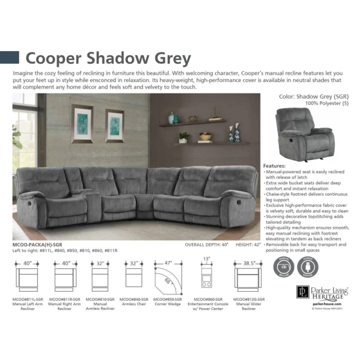 Cooper – Shadow Grey 6pc Package A (811l, 810, 850, 840, 860, 811r) Recliners Brown 11