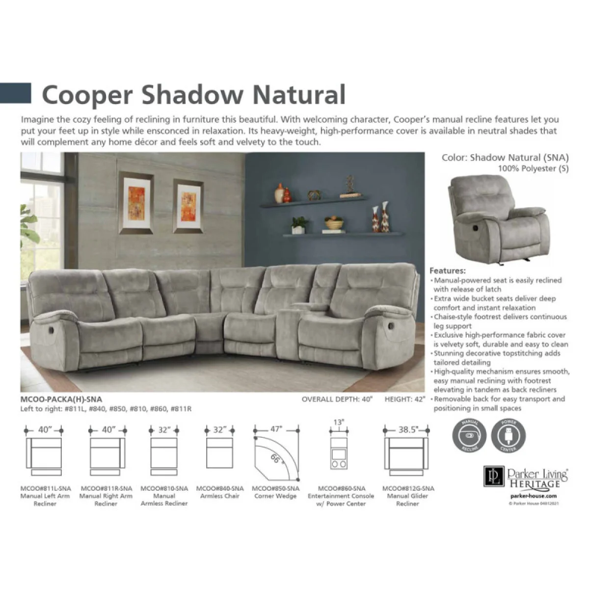 Cooper – Shadow Natural 6pc Package A (811l, 810, 850, 840, 860, 811r) Recliners Gray 11