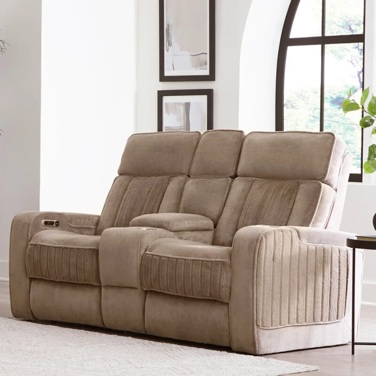 Equinox – Mushroom Power Console Loveseat With Power Headrests Recliners Brown 4