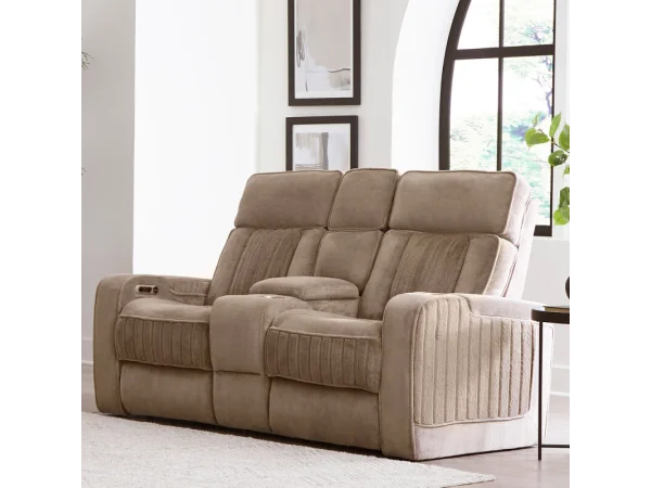 Equinox – Mushroom Power Console Loveseat With Power Headrests Recliners Brown
