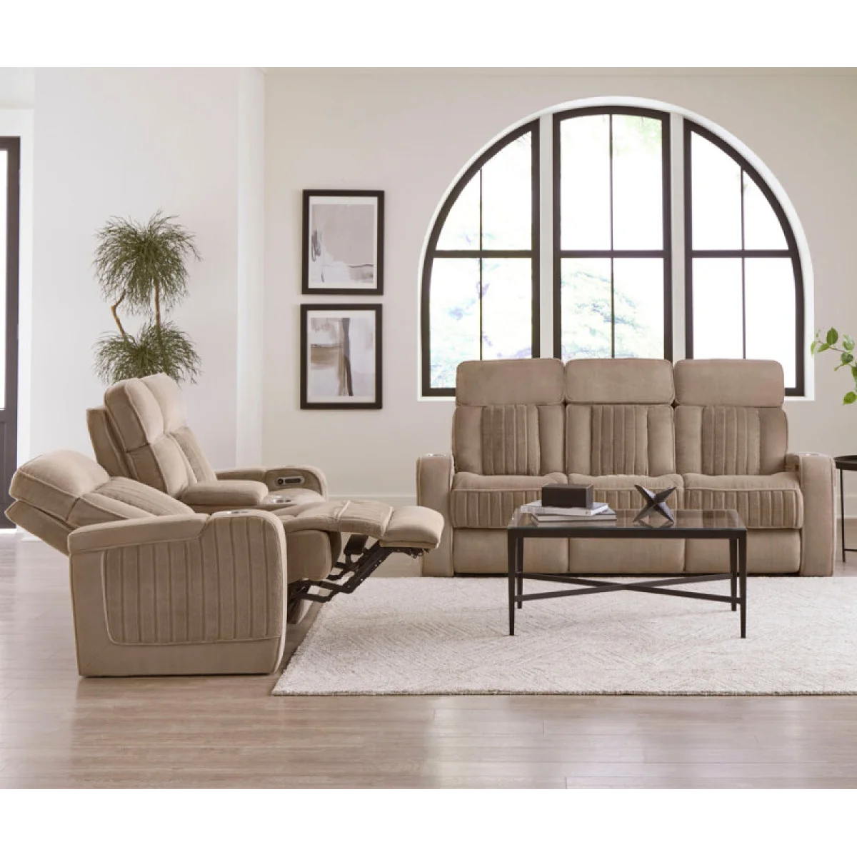 Equinox – Mushroom Power Console Loveseat With Power Headrests Recliners Brown 10