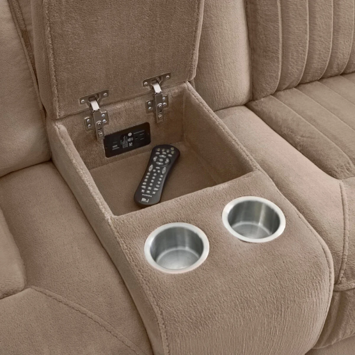 Equinox – Mushroom Power Console Loveseat With Power Headrests Recliners Brown 13