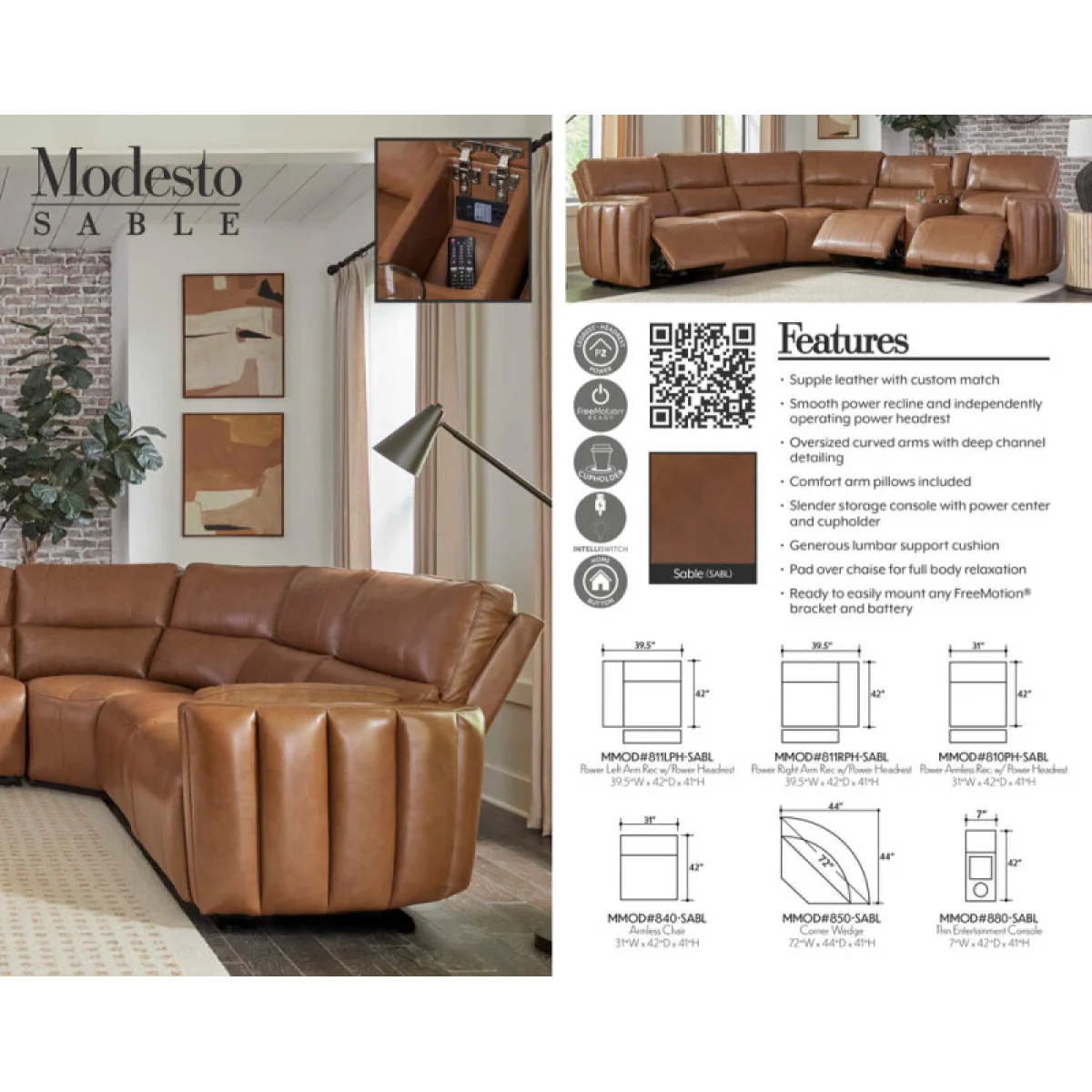 Modesto – Sable 7pc Modular Power Reclining Sectional With Power Adjustable Headrests Recliners Brown 12
