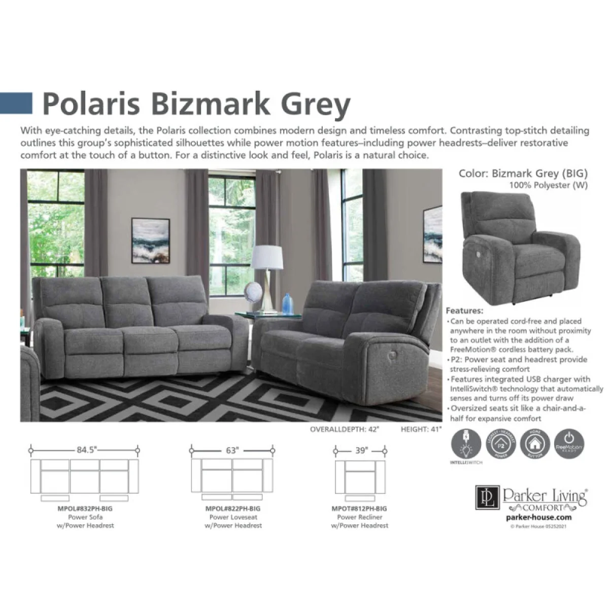 Polaris – Bizmark Grey Power Recliner Recliners Bizmark Grey 16