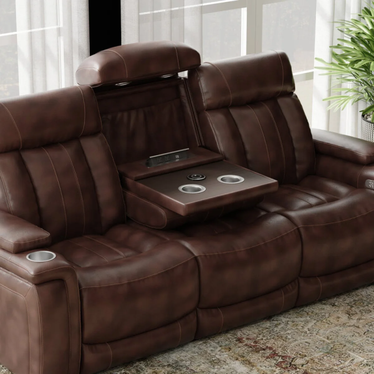 Royce – Fantom Brown Power Drop Down Console Sofa Recliners Brown 8