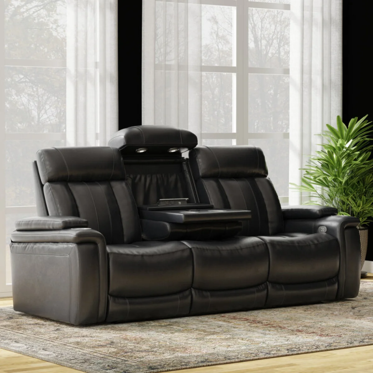Royce – Midnight Power Drop Down Console Sofa Recliners black 4