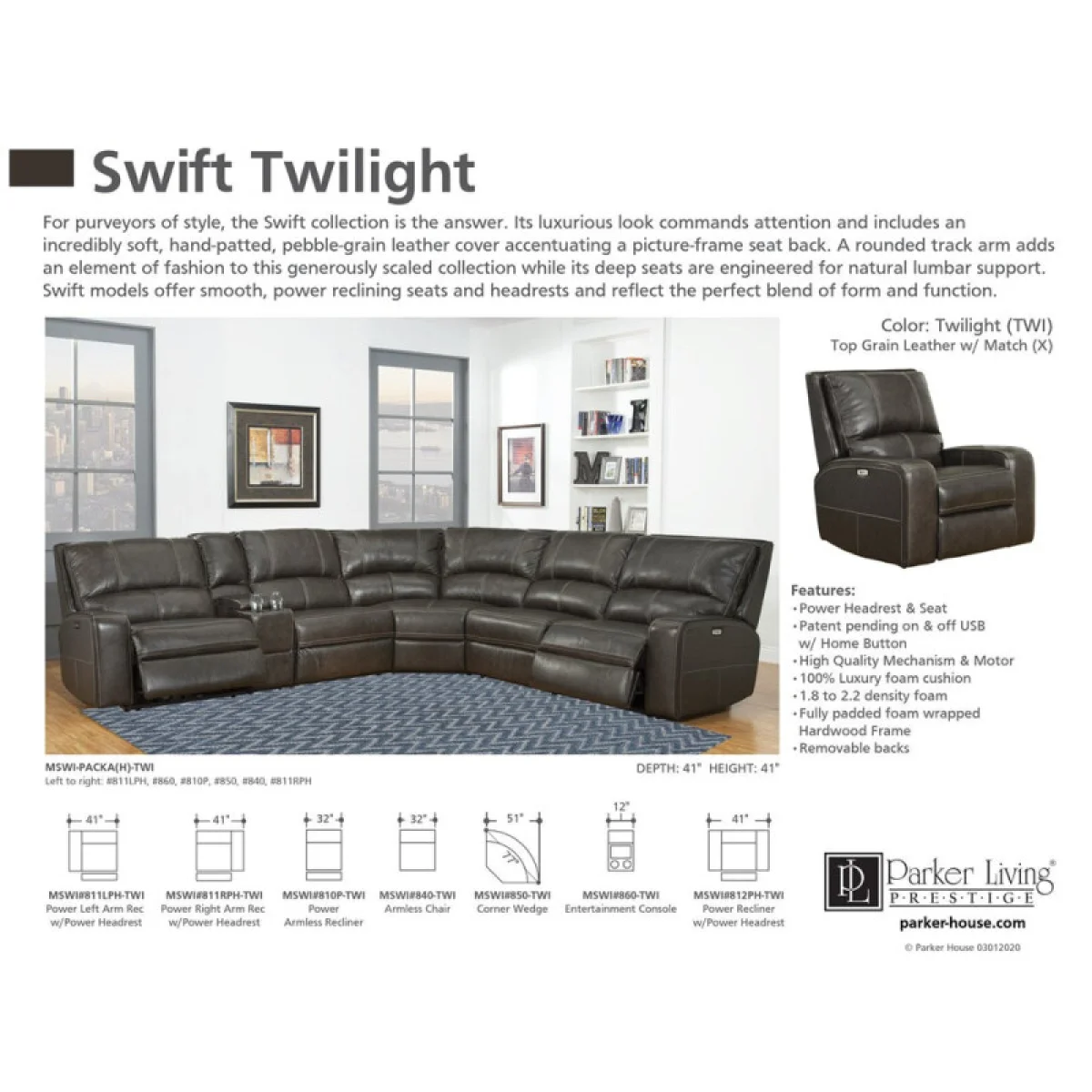 Swift – Twilight 6pc Package A (811lph, 810p, 850, 840, 860, 811rph) Recliners Brown 6