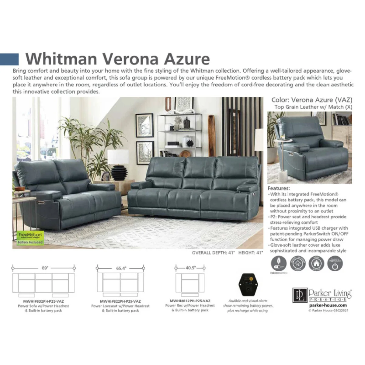 Whitman – Verona Azure – Powered By Freemotion Power Reclining Collection Recliners blue 8