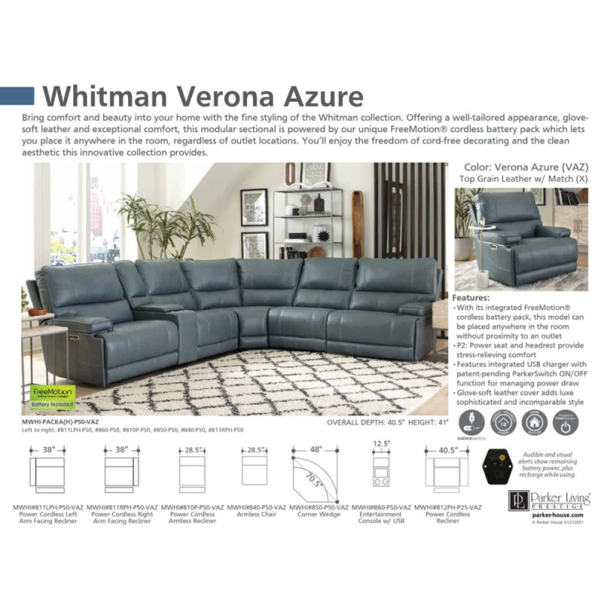 Whitman – Verona Azure – Powered By Freemotion 6pc Package A (811lph, 810p, 850, 840, 860, 811rph) Recliners blue 10