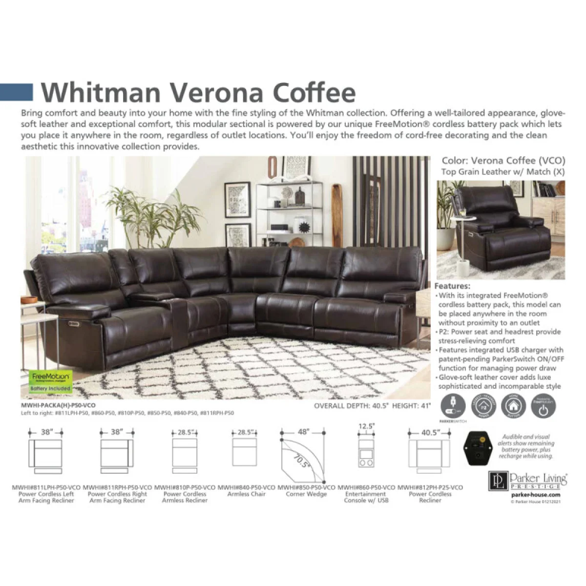 Whitman – Verona Coffee – Powered By Freemotion 6pc Package A (811lph, 810p, 850, 840, 860, 811rph) Recliners Brown 10