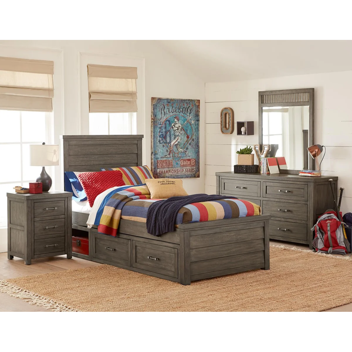 Complete Louvered Panel Bed T (3/3) Youth Beds Aged Barnwood 6