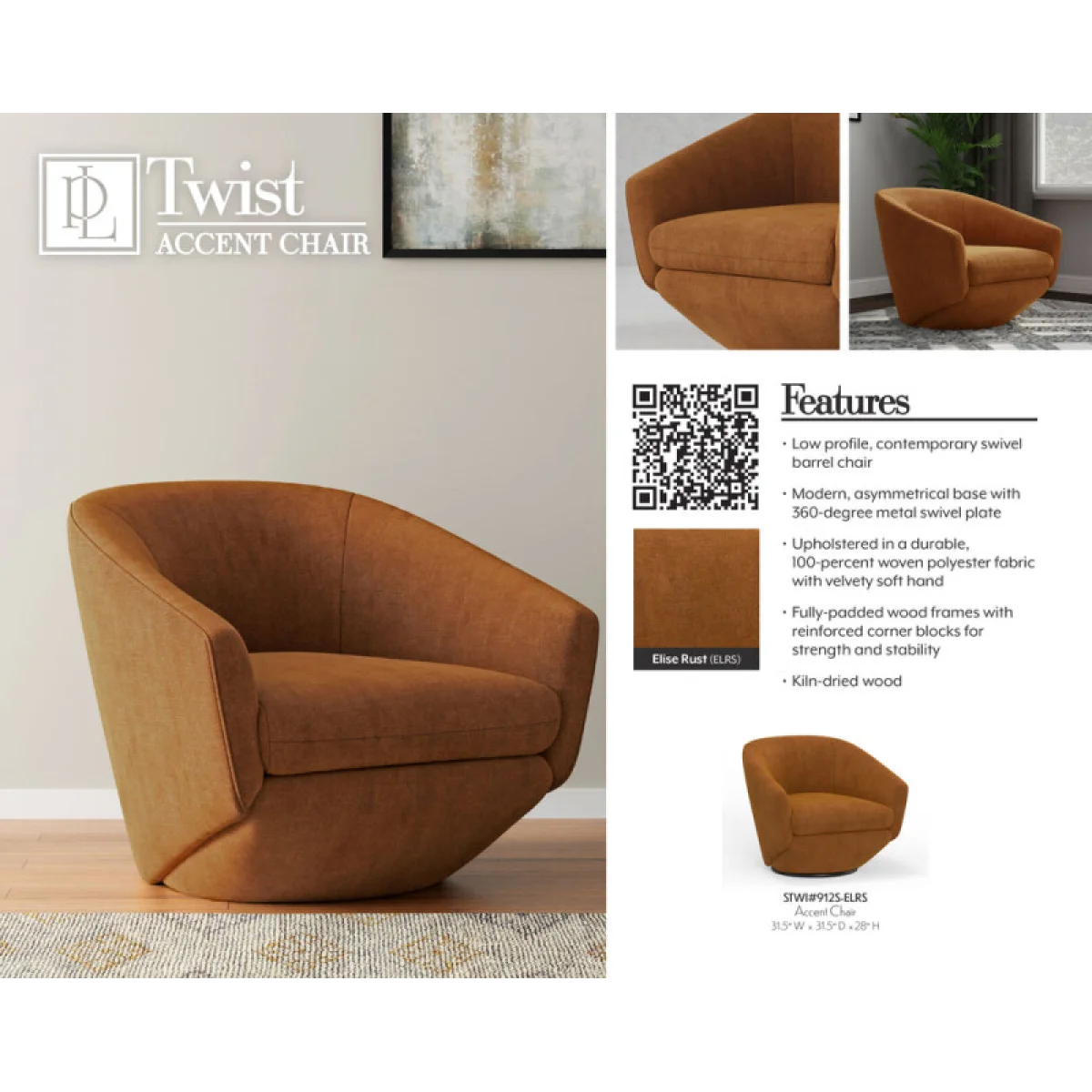 The Twist – Elise Rust Accent Swivel Chair Chairs Brown 16