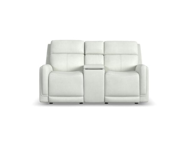 Alister Porcelain Leather Power Gliding Loveseat with Console, Power Headrests & Lumbar Loveseats Customizable