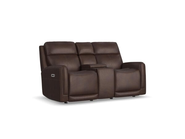 Alister Burnt Umber Leather Power Gliding Loveseat with Console, Power Headrests & Lumbar Loveseats Customizable