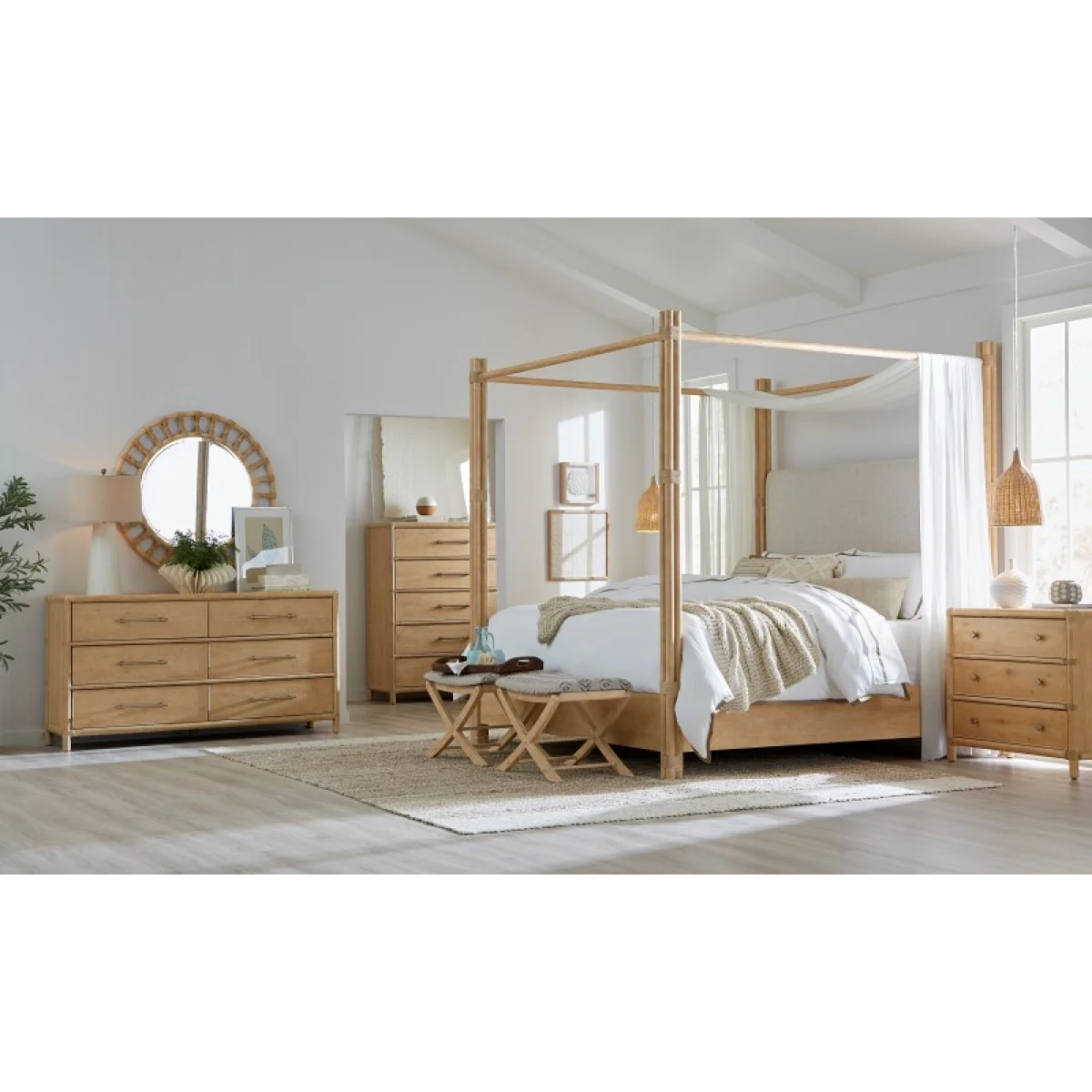 Retreat Pole Rattan Cal King Upholstered Poster Bed withCanopy Beds Beds 7