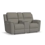 Henry Fog Fabric Power Reclining Loveseat with Console & Power Headrests & Lumbar
