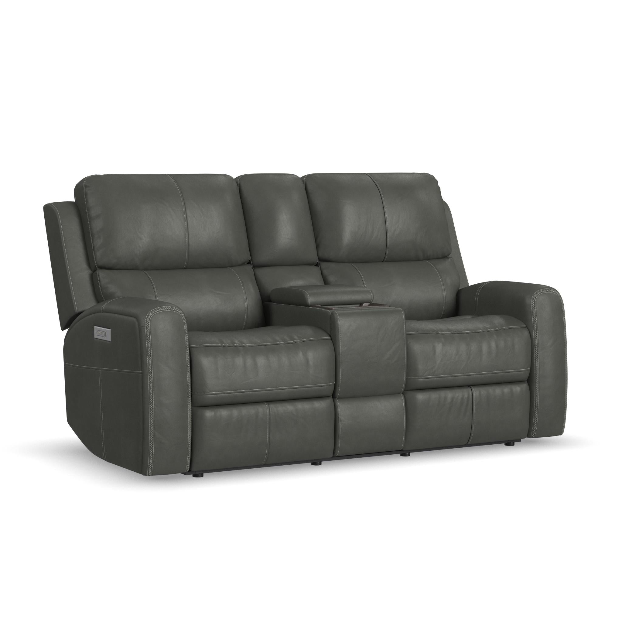 Linden Charcoal Leather Power Reclining Loveseat with Console & Power Headrests & Lumbar