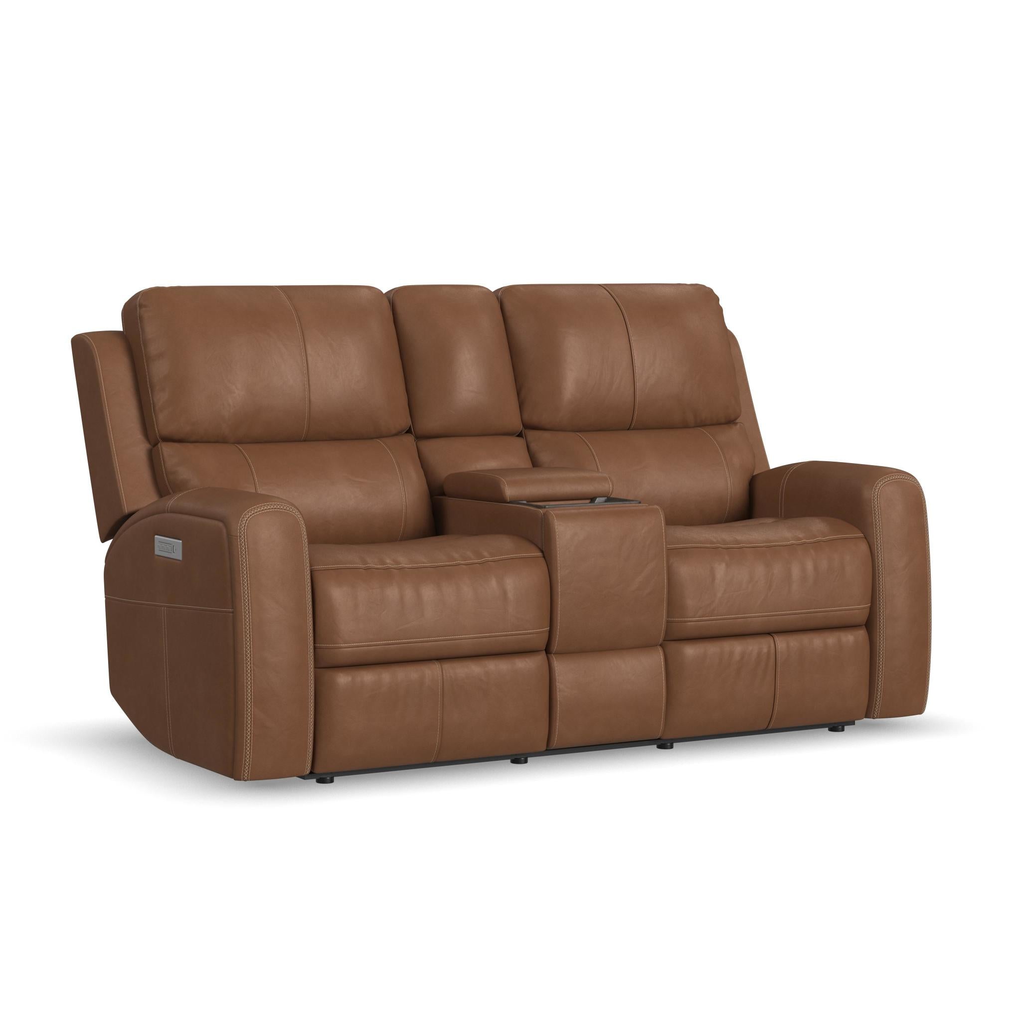 Linden Caramel Leather Power Reclining Loveseat with Console & Power Headrests & Lumbar