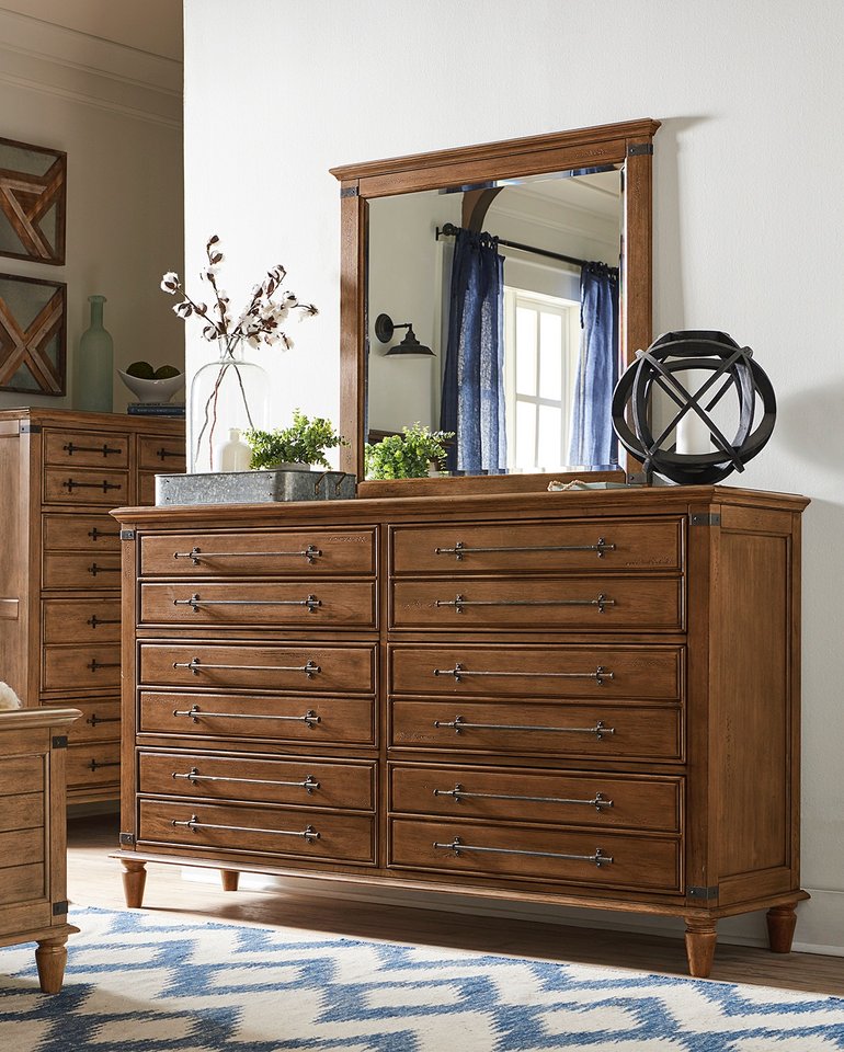 Farmhouse Chic Collection - Six Drawer Dresser in Bourbon and Mirror - BD42-9050