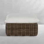 Qs Montecito Resin Wicker Ottoman, Raffia With Linen Snow Cushions