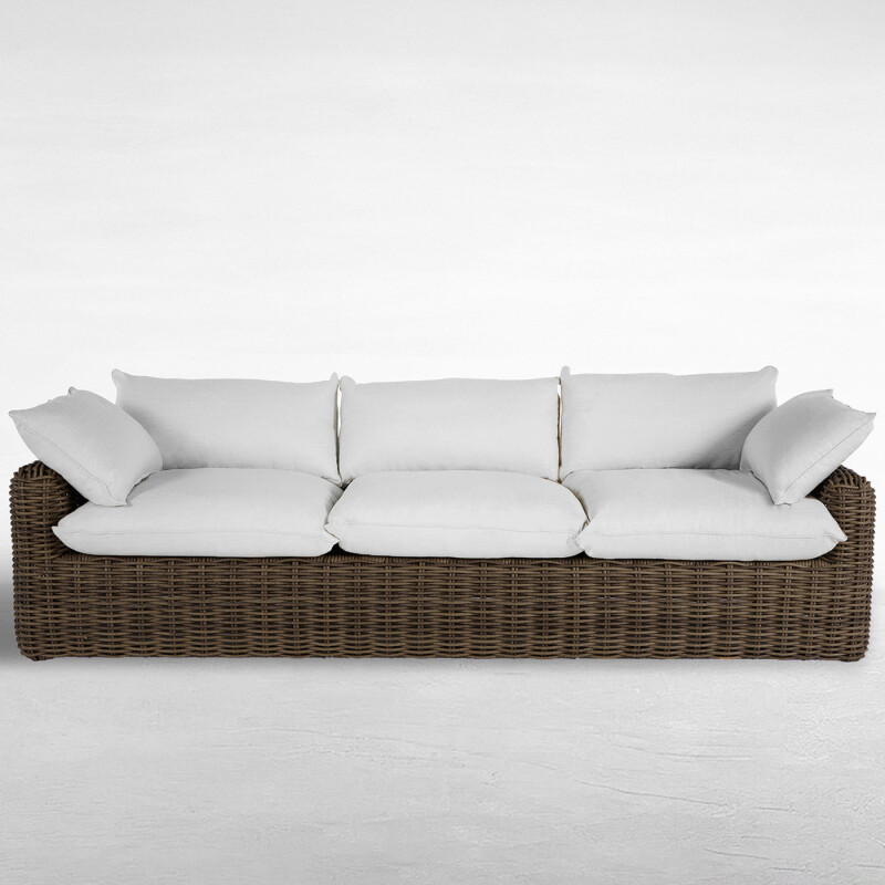 Qs Montecito Resin Wicker Sofa, Raffia With Linen Snow Cushions